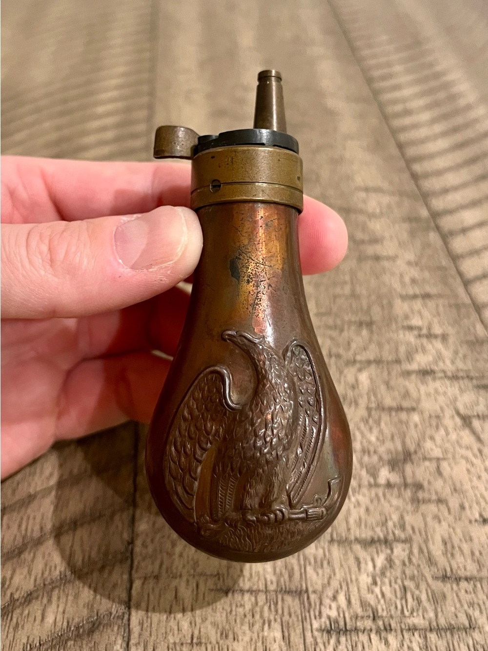 Vintage Civil War Mini Powder Flask Brass & Copper Colt Pistol Eagle Original 4”